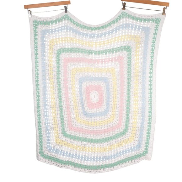 Handmade Pastel Crochet Blanket Throw Baby Nursery Colorful Classic Open Knit - Picture 5 of 5